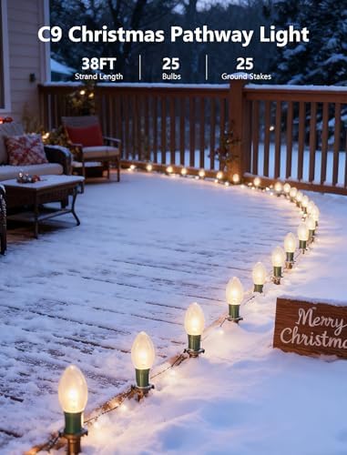 C9 Christmas Pathway Lights Outdoor, 38Ft Outside Christmas Decorations with 25 7W Clear Bulbs and Stakes, Waterproof Walkway String Lights for Outside Driveway Sidewalk Yard Path Holiday Xmas Decor - Image 4