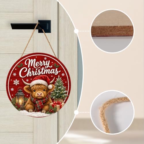 Merry Christmas Sign for Front Door Decor Cute Winter Highland Cow Round Outdoor Hanging Wooden Door Sign for Porch Xmas Holiday Farmhouse Wreath Hanger Sign for Outside Indoor Wall Decoration 12"X12" - Image 4