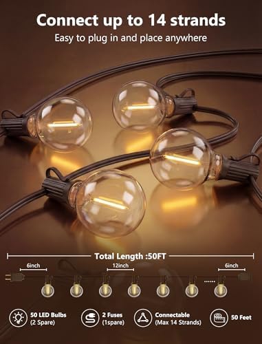 50Ft LED Globe String Lights Shatterproof Waterproof G40 Outdoor Patio String Light with 52 Dimmable LED Bulbs, Hanging Patio Lights for Indoor Bistro Pergola Tents Wedding Party Christmas Decor-Brown - Image 2