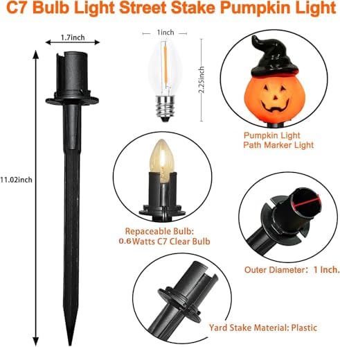 Abeja 4PCS Pumpkin Pathway Marker Lights, C7 Halloween Decorations Pathway String Lights with 4 Pumpkin Stakes Lights, Halloween Pathway Light for Lawn Walkway Driveway Markers Lighting - Image 3