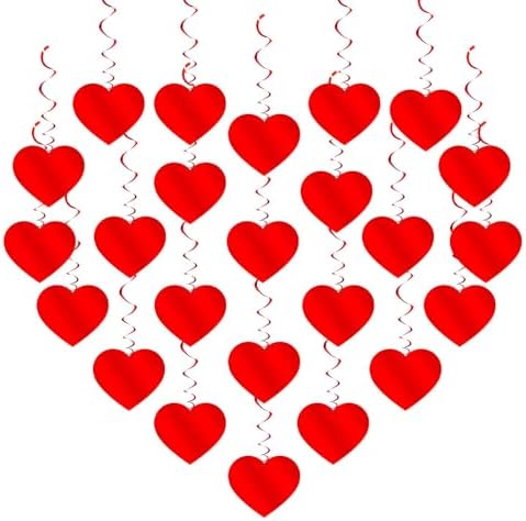 PartyGarden Red Hanging Heart Party Decorations - 24 Pcs Pre-Assembled Ceiling Hanging Swirls for Valentines Day, Galentines Day by PartyGarden