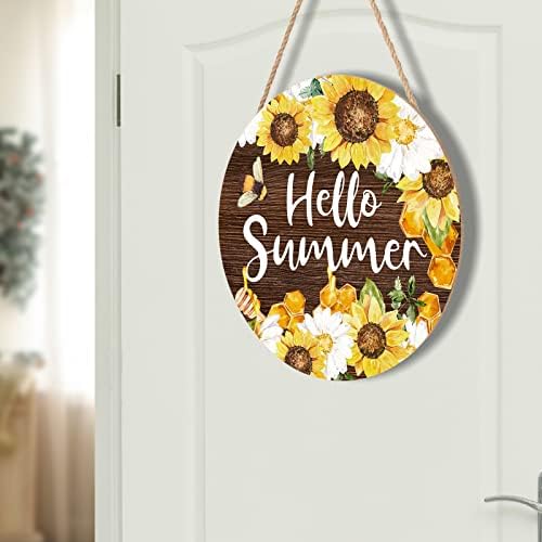 Hello Summer Sign 12 x 12 Inch Summer Themed Sunflower Welcome Sign Front Door Decor Farmhouse Porch Decoration Sunflower Round Wooden Hanging Sign for Home Garden Farmhouse Yard - Image 7