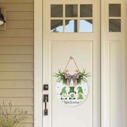 St Patricks Day Welcome Door Wreath Decor Shamrock Gnomes Door Sign Green Holiday Wooden Hanging Signs Hanger Farmhouse St. Patrick's Day Decoration for Window Wall Porch - Image 2