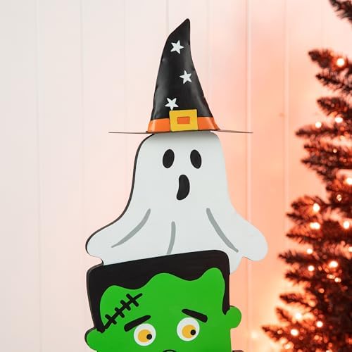 Glitzhome 36'H Wooden Halloween Stacked Ghost Frankenstein Skull Pumpkin Porch Decor, Farmhouse Yard Sign Rustic Style Porch Sign with Wood Base for Home Party Decor - Image 4