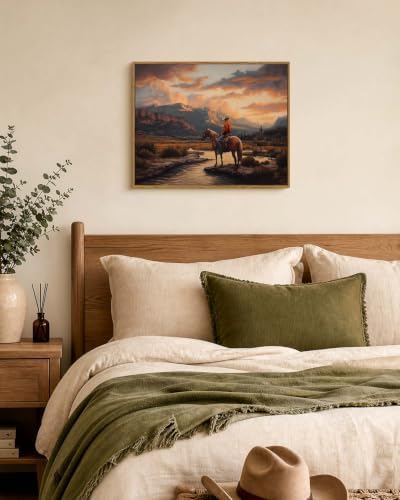 Western Cowboy Framed Canvas Wall Art 16x20 Inch, Horse Rider at Sunset Print Rustic Mountain Landscape Painting, American West Country Home Office Bedroom Wall Decor - Image 3