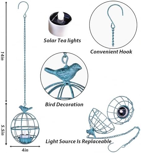 Outdoor Solar Hanging Lantern Lights, 4 Pack Rustic Ball Birdcage Hanging Candle Holder with Solar Tea Lights, Waterproof Chandelier for Tree, Pergola, Patio Decor (Vintage Blue) - Image 6