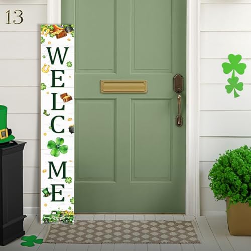 St. Patrick's Day Porch Sign Saint Patrick Wooden Welcome Sign For Front Door Shamrock Clover Home Decoration Vertical Sign For Patio Porch Standing Yard Sign for Indoor Outdoor Garden Wall by Seimip