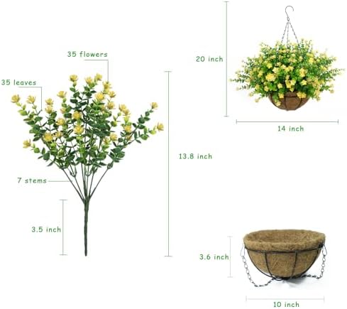 Artificial Hanging Flowers Basket, 12 UV-Resistant Bundles of Realistic Fake Flowers, Faux Plants for Outdoor Decor, Home, Garden, Porch, Patio, Spring & Summer Decorations, Yellow - Image 4