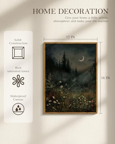 WHASAYART Moonlit Forest Wall Art 12x16 Framed Wildflower Meadow Canvas Print, Rustic Nature Night Landscape Artwork Moody Dark Crescent Moon Botanical Flowers Trees Art, Aesthetic Bedroom Home Decor - Image 2
