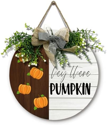 Fall Pumpkin Door Wreath Wooden Autumn Sign with Bow for Front Door Hey There Pumpkin Porch Hanging Signs Farmhouse Wall Garden Outdoor Decor by Cryfox