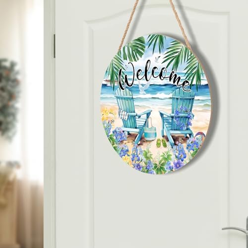 Welcome Summer Sea Chair Front Door SignFlower Wall Hanging Round Door Hanger Farmhouse Coastal Beach Wooden Wreath for Front Door Hello Summer Outdoor Outside Porch Decor 12"X12" - Image 7