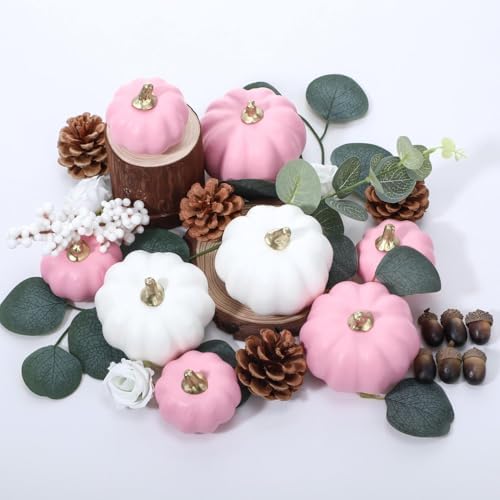 Suncalla 56 Pcs Artificial Pumpkin Eucalyptus Leaves Fall Decor, White,Pink by Unknown