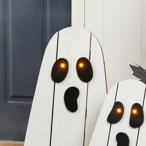 Glitzhome Set of 2 Halloween Lighted Wood Ghost Porch Decor - 24" H & 18" H Handcrafted Solid Wood Ghost Signs with Metal Display Stand for Farmhouse, Front Door Outdoor Yard Halloween Decorations - Image 7