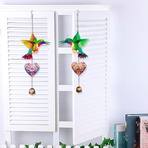 Metal Hummingbird Hanging Decor, Bird Wind Chime Bell Hanging Decor for Outdoor Garden Yard Doors Walls Living Rooms Bedrooms, 2 Pack (Bird-a-Heart) - Image 6