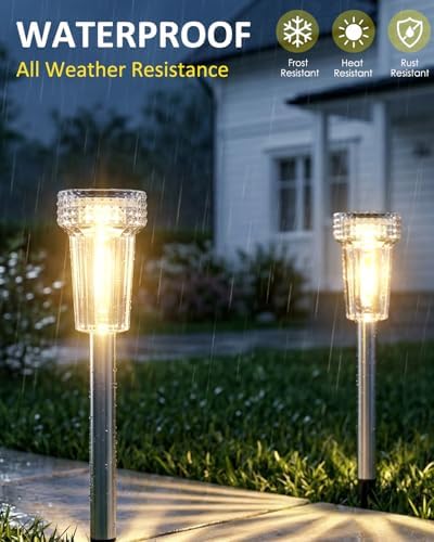 DERAYSION 12 Pack Solar Pathway Lights Outdoor, Solar Powered Garden Lights Auto On/Off, Waterproof Stainless Steel Pole Landscape Lighting for Path, Yard, Walkway, Driveway Decor - Warm White - Image 6