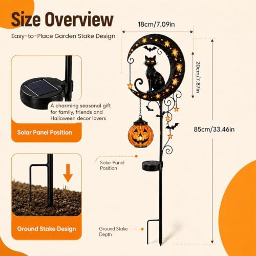 Solar Halloween Black Cat Garden Stake Light – Metal Crescent Moon & Pumpkin Lantern Yard Decor, Auto On/Off Waterproof LED Landscape Lighting for Patio Lawn Pathway (B) - Image 2
