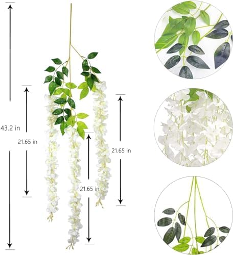 48Pcs Artificial Wisteria Flowers 3.6 Feet/Piece White Dense Artificial Fake Wisteria Vine Ratta Hanging Garland Silk Flowers String Home Party Wedding Decor(White-Dense) - Image 3