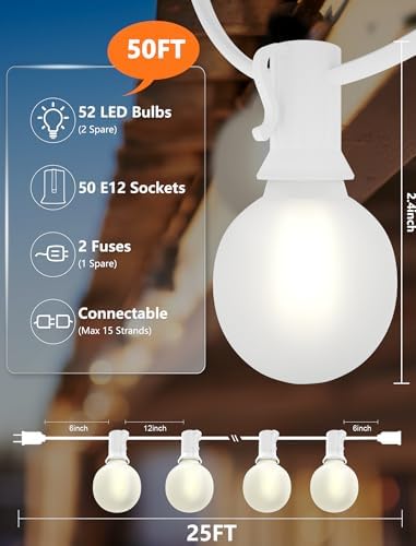 SUNSGNE White String Lights Outdoor, 50FT White Outdoor Lights with 52 G40 LED Frosted Shatterproof Bulbs(2 Spare) for Balcony Patio Tent Backyard Bistro Cafe Christmas Decor - Image 2
