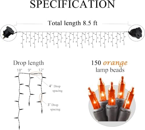 8.5 ft 150 Icicle Lights Orange String Lights Halloween Decorations Plug in - Image 7