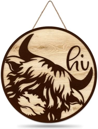 JarThenaAMCS 3D Highland Cow Welcome Door Sign Rustic Brown Cow Wooden Hanging Sign Front Door Hanger for Indoor Outdoor Farmhouse Home Porch Window Decor by JarThenaAMCS