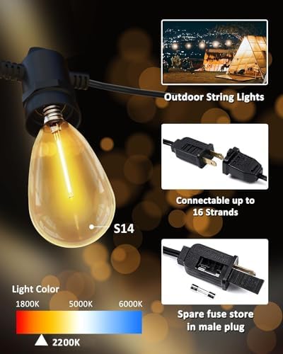 String Lights for Outside Patio 26FT IP65 Waterproof Outdoor String Lights Led with 13+1 S14 1W Shatterproof Bulbs for Patio Bistro Backyard Pergola Balcony Garden - Image 3