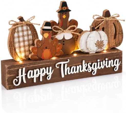 Chunful Lighted Thanksgiving Table Decor Wooden Turkey Centerpiece by Chunful