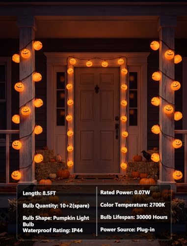 GOOTHY Halloween Pumpkin String Lights, 8.5Ft Outdoor Halloween Decorations Lights with 10 Jack-O-Lantern Lights, Hanging Pumpkin String Lights UL Listed for Party Patio Garden Window Decor - Image 5