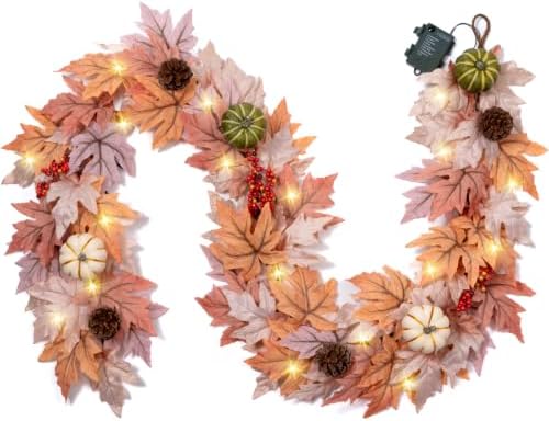 6 FT Fall Garland with 30 Lights & 8 Modes Timer, Pre-lit Lifelike Lighted Fall Maple Leaves Garland with Pumpkin Berries PineCones, Battery Operated Autumn Garland Decor for Mantle Table Thanksgiving by MISF