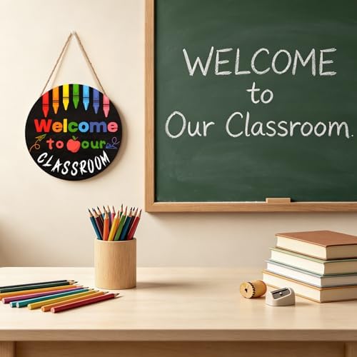 Welcome Sign for Classroom Door Decorations 12x12in Welcome to Our Classroom Sign Welcome Back to School Door Hanger Teacher Welcom Round Wood Hanging Signs for School Classroom Wall Board Supplies - Image 5