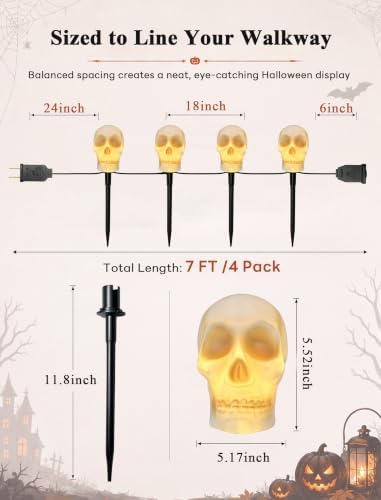 C7 Halloween Skull Pathway Stake Lights, 7 Ft Halloween Pathway String Lights with 4 C7 Bulbs, Stake, Halloweens Decorations Driveway Markers Lights for Outdoor Holiday Garden Walkway Party Lighting - Image 2