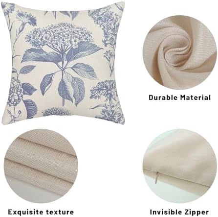 Vintage Blue Pillow Covers 16x16 Inch 2 Pcs Boho Floral Decor Throw Pillows Hydrangea Flower Seasonal Outdoor Farmhouse Neutral Accent Decoration Pillowcase Linen Cushion Cover for Couch - Image 7