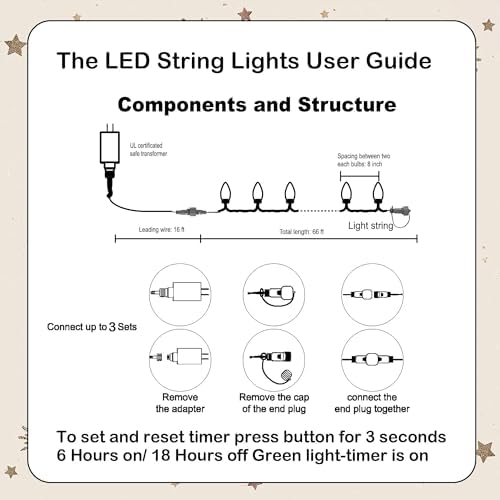 Dazzle Bright C9 Christmas String Lights, 100 LED 66 FT Waterproof Connectable Fairy Lights with 100 Spring Clips Timer, Christmas Decoration for Outdoor Roofline Home Garden Yard Tree (Red & White) - Image 3