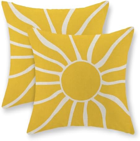 Summer Pillow Covers 16x16 Inch Set of 2, Yellow Sun Decorations Outdoor Throw Pillows Boho Summer Sunshine Sunrise Pillowcase Linen Decor Square Modern Farmhouse Cushion Case for Couch Sofa by JEFERSO