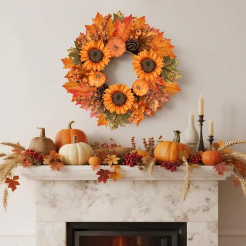 24 Inch Fall Wreaths for Front Door, Autumn Wreath with Hanger - Image 4