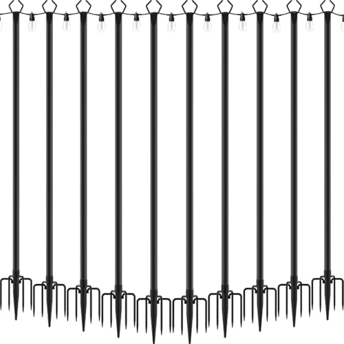 10 Pack 10 ft Heavy Duty Metal String Light Poles Adjustable Outdoor Lighting Stand for Patio,Backyard,Garden,Party & Wedding Rustproof & Sturdy with Hooks by Aulimhti
