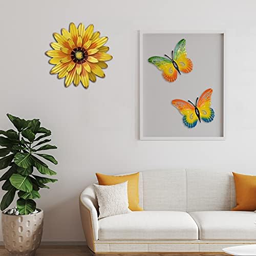 Meduofon Metal Flowers Wall Decor and Butterfly Wall Art, 3 Pack Metal Outdoor Wall Art Decor, Fence Art Wall Sculptures for Indoor Outside Garden Patio Decorations (Yellow&Green) - Image 5