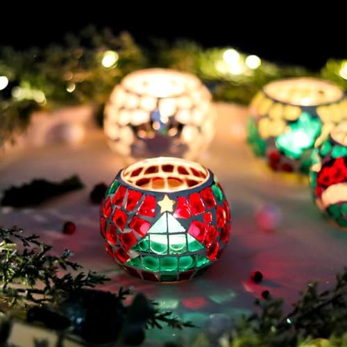 4 PCS Mosaic Glass Tealight Votive Candle Holders - Red & Green Christmas Table Centerpiece Decorations for Indoor/Outdoor Holiday Decor - Image 2