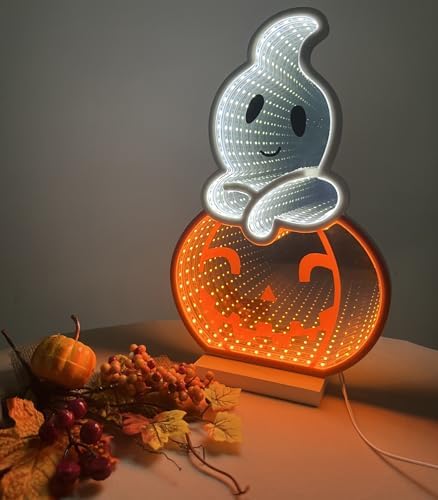LED Halloween Pumpkin Light, Cute Neon Pumpkin and Ghost Sign Decor,11.57 Inch Halloween 3D Infinity Lights with USB Powered for Table, Room, Party Decoration - Image 2