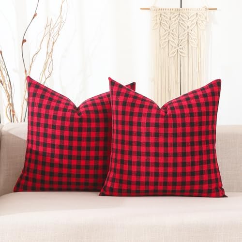 Red and Black Outdoor Christmas Gingham Plaid Pillow Covers 16x16 Set of 2 by CARRIE+HOME