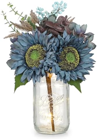 Silk Sunflowers Artificial Flowers with Mason Jar Centerpiece for Table Blue Fall Flowers in Vase Small Fall Floral Arrangement with Vase Thanksgiving Centerpiece for Dining Room Table Autumn Decor by Oairse