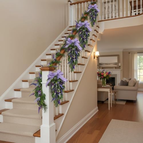 23 Inch Pre-lit Lavender Teardrop Swag, Farmhouse Spring Summer Teardrop with Purple Gingham Bow, Battery Operated with Timer & 10 Warm White Lights, Floral Decoration for Wall Door Farmhouse - Image 5