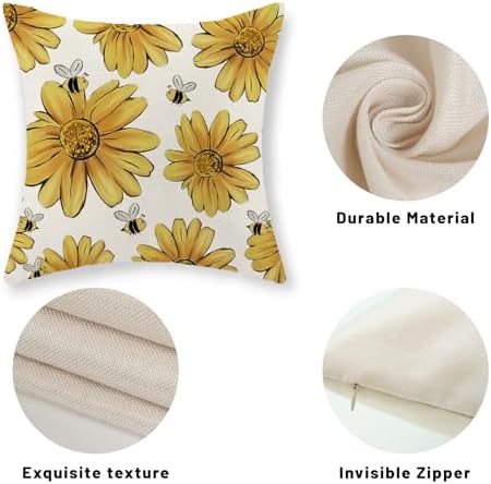Summer Pillow Covers 18x18 Inch Set of 2 Yellow Floral Bee Sunflowers Throw Pillows Spring Outdoor Decorative Pillow Cases Linen Farmhouse Seasonal Cushion Covers Decor for Living Room Couch - Image 7