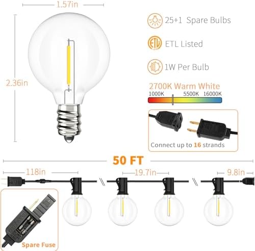 Svater Outdoor String Lights LED 50 FT G40 26 Bulbs Waterproof for Patio - Image 2
