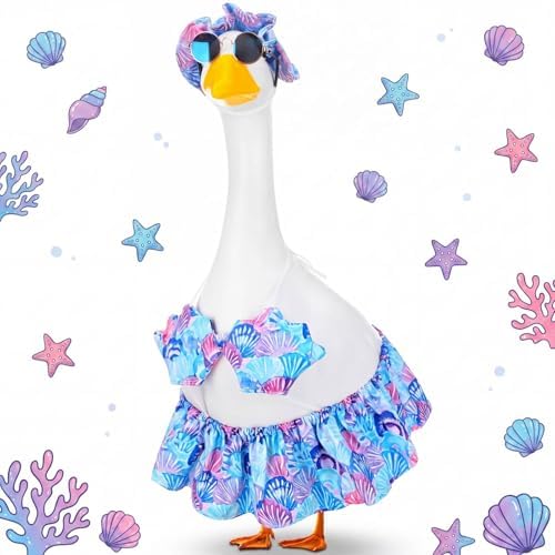 Abbylike Bikini Porch Goose Outfit Summer Hawaiian Goose Clothes Printed with Seashells Sun Hat Sunglass Fits 23'' Statue Cement Costume for Beach Yard Garden Lawn Pathway Patio Pool Decoration by Abbylike