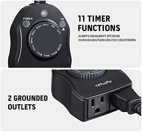 TiFFCOFiO Outdoor Timer Outlet, Dusk to Dawn Light Sensor Timer Weatherproof, 2 Grounded Outlets for Halloween and Christmas Lights, 15A 1/2HP, ETL Listed - Image 2