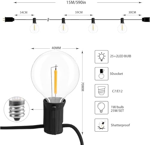 50FT LED Outdoor String Lights with 27 G40 Bulbs (2 Spare) Connectable Yard Hanging Lights for Party Tents Patio Gazebo Porch Deck Bistro Backyard Balcony Pergola Outside Decor - Image 4