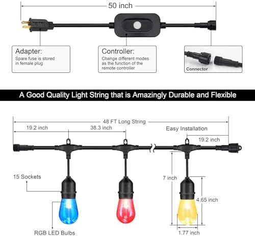 Mlambert 48FT Outdoor Patio RGB Cafe String Lights with Remote, Black - Image 6