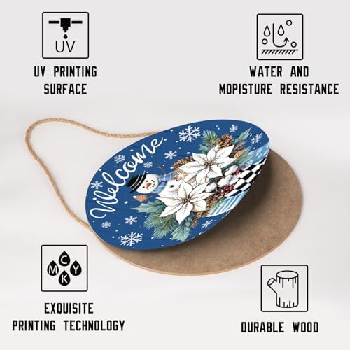 Welcome Winter Blue Poinsettia Front Door Sign Winter Snowman Wood Door Hanger Outdoor Outside Porch Decor Blue Christmas Snowflake Holiday Wreath Wall Hanging Welcome Sign for Home Front Porch 12in - Image 3