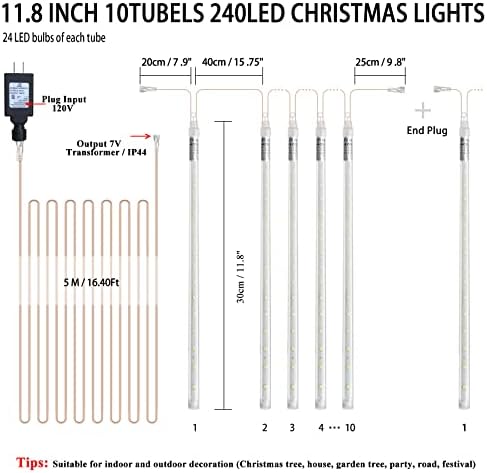 EEIEER Meteor Shower Lights Outdoor, 11.8 inches 10 Tubes 240 LED Snowfall Falling Rain Lights for Halloween Christmas Holiday Tree Home Party-White - Image 5