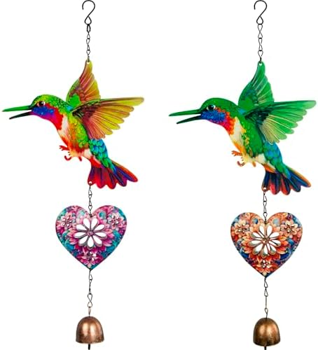 Metal Hummingbird Hanging Decor, Bird Wind Chime Bell Hanging Decor for Outdoor Garden Yard Doors Walls Living Rooms Bedrooms, 2 Pack (Bird-a-Heart) by SUNREEK